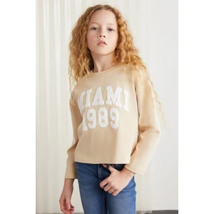 Cherly-grm24020-100% Pamuk Baskılı Kız Çocuk Uzun Kollu Tshirt Bej T-shirt