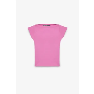 NOEMI Kadın Balerin Yaka Kısa Kol Slim Fit Ribanalı Pembe Bluz