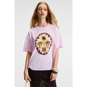 VEYMIRA Kadın %100 Pamuk Bisiklet Yaka Kısa Kollu Oversize Fit Pembe T-Shirt
