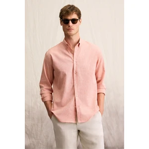 Lasse Erkek Gömlek Yaka Manşetli Uzun Kollu Regular Fit Keten Karışımlı Turuncu Gömlek