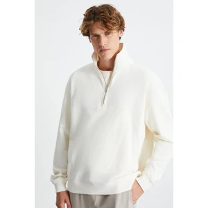 Andrıck Erkek Organik Pamuklu Dik Yaka Yarım Fermuarlı Ekru Sweatshirt