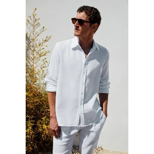 Raımo Erkek %100 Pamuklu Müslin Kumaş Manşetli Uzun Kol Comfort Fit Beyaz Gömlek