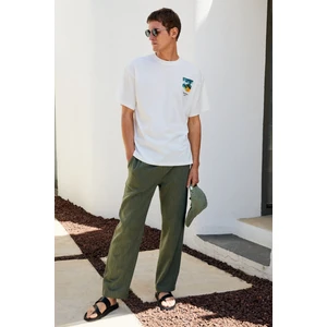 Edvın Erkek Beli Lastikli Yanları Cepli Keten Karışımlı Relaxed Fit Haki Pantolon