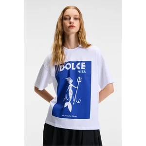 VEYMIRA Kadın %100 Pamuk Bisiklet Yaka Kısa Kollu Oversize Fit Beyaz T-Shirt