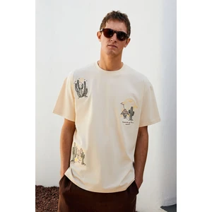 BOLICHE Erkek Bisiklet Yaka %100 Organik Pamuklu Oversize Fit Açık Bej T-Shirt
