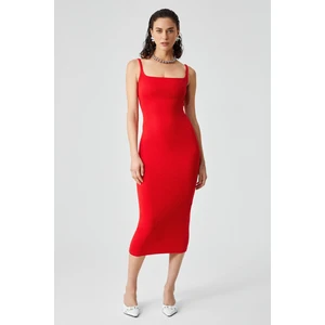 RINIA Kadın Slim Fit Geniş Yaka Askılı Kırmızı Elbise