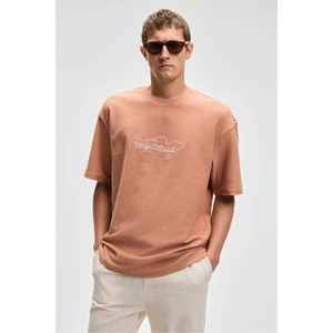 Ourflow Erkek Nakış Detaylı  Organik Pamuk Bisiklet Yaka Kısa Kollu Oversize Kiremit Rengi T-Shirt