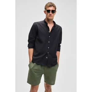 Perttu Erkek %100 Pamuk Slim Fit Dar Kesim Düğmeli Yaka Keten Görünümlü Flamlı Siyah Gömlek