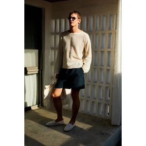 Leyton Erkek Relaxed Fit Çift Cepli Beli Lastikli Keten Karışımlı Dokuma Lacivert Şort & Bermuda