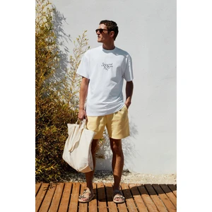Leyton Erkek Relaxed Fit Çift Cepli Beli Lastikli Keten Karışımlı Dokuma Sarı Şort & Bermuda