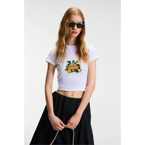 TESSIRA Kadın %100 Pamuk Bisiklet Yaka Baskılı Slim Fit Beyaz T-Shirt