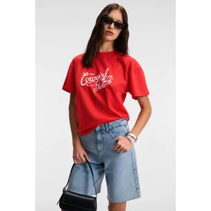 Rıvela Kadın  Pamuk Regular Fit Baskılı Bisiklet Yaka Kısa Kol Kırmızı T-Shirt