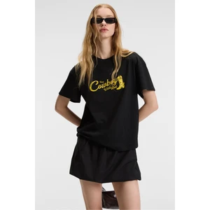 RIVELA Kadın %100 Pamuk Regular Fit Baskılı Bisiklet Yaka Kısa Kol Siyah T-Shirt