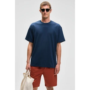 Feon Erkek Oversize Geniş Kesim %100 Organik Pamuk Kalın Dokulu Yuvarlak Yaka Lacivert T-Shirt