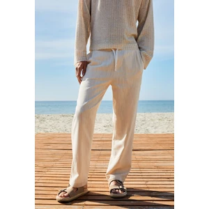 EDVIN Erkek Beli Lastikli Yanları Cepli Keten Karışımlı Relaxed Fit Ekru Pantolon