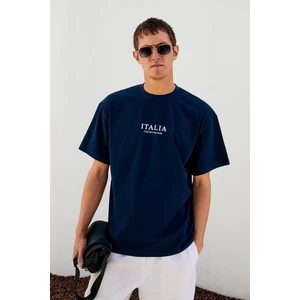 Italıa Erkek  Organik Pamuk Ön Arka Baskı Detaylı Oversize Kısa Kol Lacivert T-Shirt