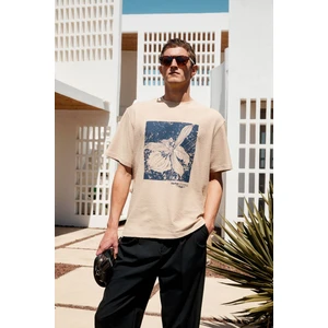 Nord Erkek Baskı Detaylı  Organik Pamuk Oversize Kısa Kol Bisiklet Yaka Bej T-Shirt