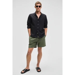 Leyton Erkek Relaxed Fit Çift Cepli Beli Lastikli Keten Karışımlı Dokuma Haki Şort & Bermuda