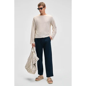 Edvın Erkek Beli Lastikli Yanları Cepli Keten Karışımlı Relaxed Fit Lacivert Pantolon