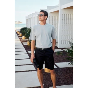 TEEMO Erkek Yanları Cepli Fermuarlı Likralı Slim Fit Siyah Şort