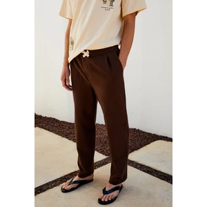 Edvın Erkek Beli Lastikli Yanları Cepli Keten Karışımlı Relaxed Fit Acı Kahve Pantolon