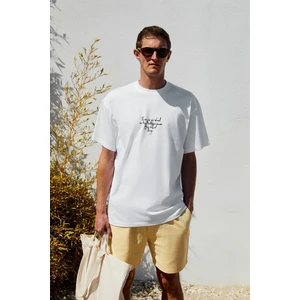 Italıa Erkek  Organik Pamuk Ön Arka Baskı Detaylı Oversize Kısa Kol Beyaz T-Shirt