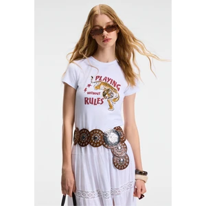 YELVANE Kadın %100 Pamuk Bisiklet Yaka Baskılı Regular Fit Beyaz T-Shirt