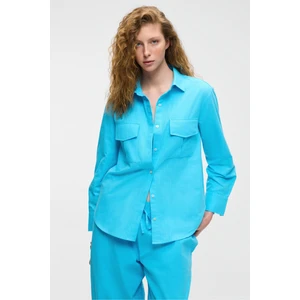 RIGO Kadın Gömlek Yaka Uzun Kol Regular Uzun İnce Mavi Gömlek