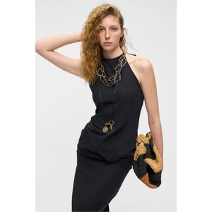 SUSIE Kadın %100 Pamuk Keten Görünümlü Sırtı Açık Halter Yaka Siyah Bluz