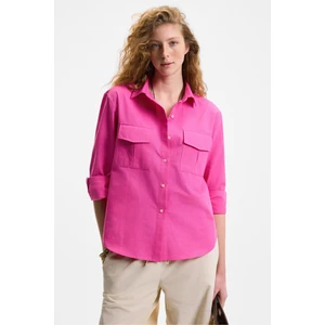 RIGO Kadın Gömlek Yaka Uzun Kol Regular Uzun İnce Fuşya Gömlek