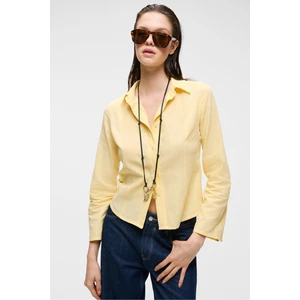 Makayla Kadın %100 Pamuk Keten Görünümlü Flamlı Geniş Kollu Vücuda Oturan Sarı Gömlek