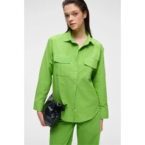 RIGO Kadın Gömlek Yaka Uzun Kol Regular Uzun İnce Yeşil Gömlek