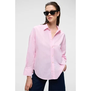 VESTA Kadın %100 Pamuk Keten Görünümlü Flamlı Oversize Pembe Gömlek