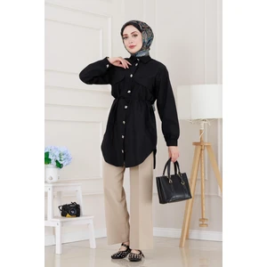 Cep Kapaklı Beli Bağcıklı Tunik-Siyah