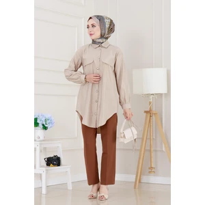 Cep Kapaklı Beli Bağcıklı Tunik-Vizon