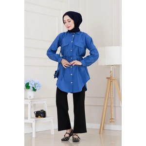 Cep Kapaklı Beli Bağcıklı Tunik-Mavi