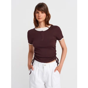 31816 Çift Katlı Büzgülü T-Shirt-Kahve