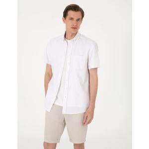 Pierre Cardin Erkek Bej Regular Fit Çizgili Kısa Kollu Gömlek 50307082-VR011