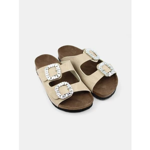 Bej Çift Tokalı Anatomik Rahat Taban Taşlı Kadın Terlik