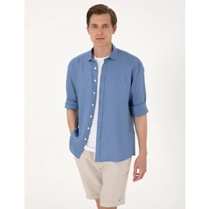 Pierre Cardin Erkek Mavi %100 Keten Regular Fit Uzunkollu Gömlek 50303293-VR036