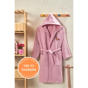 Hera Textile Kapüşonlu ve Kemerli Pamuklu PEMBE Erkek-Kız Genç Çocuk Bornozu(PAMUKLU-KELEBEK NAKIŞLI-YUMUŞAK)
