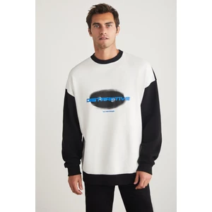 Hanion Erkek  Pamuk Bisiklet Yaka Oversize Fit Baskı Detaylı Siyah - Beyaz Sweatshirt