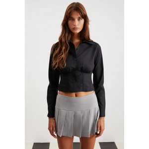 Amethyst Kadın %100 Pamuk Slim Fit Poplin Crop Siyah Gömlek