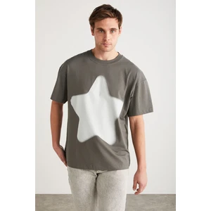ADAN Erkek %100 Pamuk Yıldız Baskılı Bisiklet Yaka Kısa Kollu Oversize Gri T-Shirt