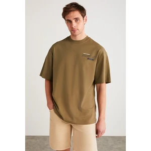 Allen Erkek Pamuklu Önü Ve Arkası Baskılı Kısa Kollu Oversize Haki T-Shirt