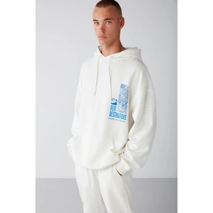 Process Erkek Içi Polarlı Poster Baskılı Kapüşonlu Kordonlu Ekru Sweatshirt
