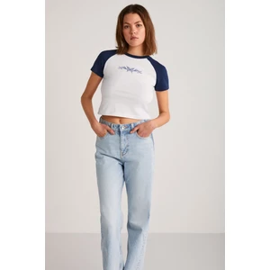 Vane Kadın Pamuk Kısa Kollu Baskılı Crop Beyaz/Navy T-Shirt
