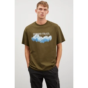 Ademir Erkek Oversize Fit Önü Dağ Baskılı Bisiklet Yaka Pamuklu Haki T-Shirt