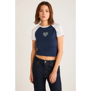 Vane Kadın Pamuk Kısa Kollu Baskılı Crop Navy/beyaz T-Shirt