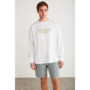 MARTIN Erkek %100 Pamuk Önü Baskılı Uzun Kollu Beyaz T-Shirt